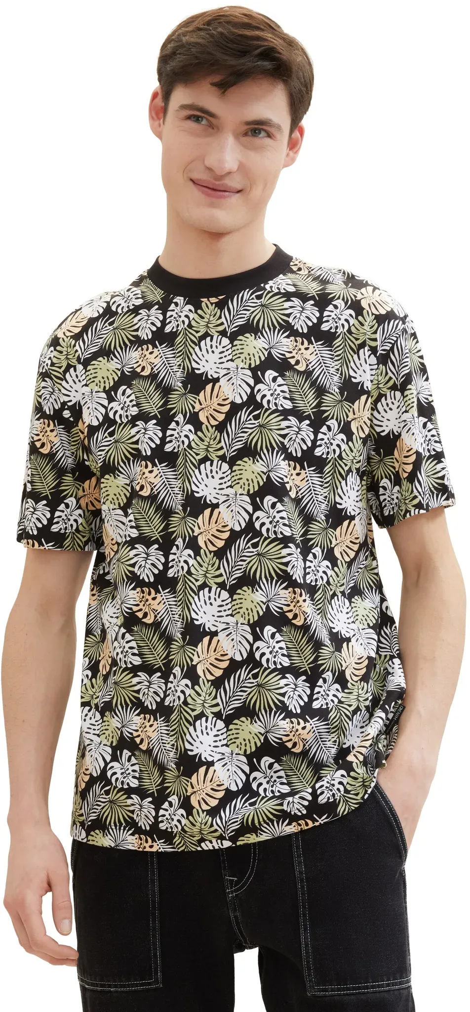 Print-Shirt, mit Allover-Print, Gr. S, black multicolor leaves print, , 24295266-S