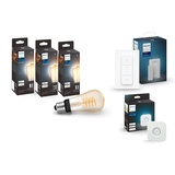 Philips Hue White Ambiance E27 Edison ST64 Filament 550lm (3er Pack) + Hue Dimmschalter für kabelloses Dimmen, Weiß + Hue Bridge für mobile Steuerung, einfache Installation, Weiß