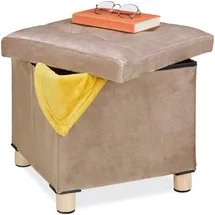 Relaxdays Samthocker mit Stauraum, Tablett im Deckel, mit Holzbeinen, eckiger Sitzhocker, HBT: 35 x 38 x 38 cm, Creme, Samt