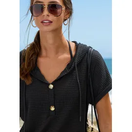 LASCANA Strandshirt "aus sommerlichem Waffelstrick", Damen, Gr. 36/38, blau (schwarz), Strick, Obermaterial: 64% Polyester, 34% Viskose, 2% Elasthan, leicht transparent, unifarben, lässig geschnitten normal, V-Ausschnitt, Shirts, mit Kapuze und Knopfleiste