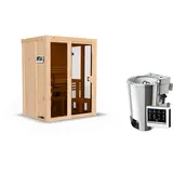 Woodfeeling Karibu Sauna Irava 1 - 68 mm Systemsauna - 230 Volt Plug & Play Bronzierte Ganzglastür Ohne Dachkranz 3,6 kW Plug&Play Bio-Kombiofen externer Steuerung Easy inkl. 8-teiligem gratis Zubehörpaket (Gesamtwert 191,92€)