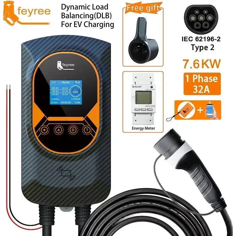 feyree EV-Ladegerät Typ-2-Kabel 32A 7,6kW, dynamische Lastbalance, EVSE-Wandladestation, App-Funktion, Ladestation für Elektroauto