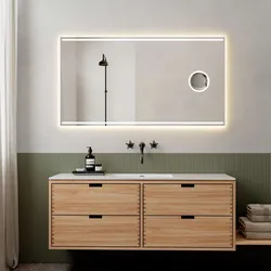 Badspiegel LOEVSCHALL "Focus, Spiegel mit Beleuchtung, Integrierter Schminkspiegel", weiß, B:140cm H:75cm T:2,5cm, Spiegel, LED licht, Dänisches Design, Lichtspiegel, x5 Vergrößerung