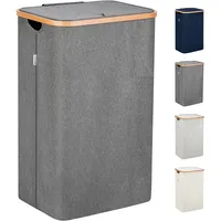 Lonbet - Wäschekorb mit Deckel Groß - XL 100 Liter - Wäschekorb Holz Bambus - Wäschesammler Grau mit Griffen - Grey Laundry Basket - Laundry Hamper with Lid