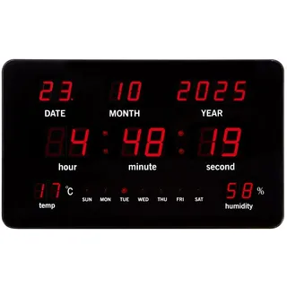 Perel Wanduhr mit LED-Display, digital, Thermometer, Hygrometer, Schwarz,