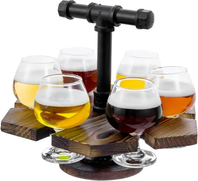 MyGift Massivholz Servier-Set für Bier Whiskey Flight mit industriellem schwarzen Metallrohr-Tragegriff und 4 kleinen Snifter-Style Verkostungsgläsern (verbranntes Holz & schwarzes Metall)
