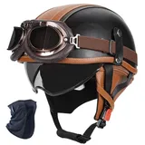 YHQUDGWT Halbschalenhelm mit ECE, Retro Motorradhelm mit Schnellverschlussschnalle, Versteckte Schutzbrille, ABS-Schale, für Erwachsene Männer und Frauen, Chopper, Scooter, Moped