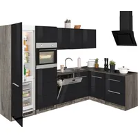 kochstation Winkelküche L-Form 290 x 170 cm schwarz hochglanz