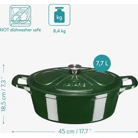 Navaris Gusseisen Topf Bratentopf Kochtopf 7,7l - Bräter emailliert temperaturbeständig oval - Gussbräter Gusstopf - alle Speisen und Kochflächen