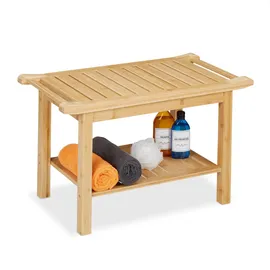 Relaxdays Badhocker aus Bambus, extra Ablagefläche & Griffe, HxBxT: 45 x 75 x 40,5 cm, Sitzbank für 2 Personen, Natur