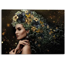 Glasbild REINDERS "Glasbild Elegante Frau Blumen - Festlich - Schmetterling - Eleganz", gold (farbe bild(er): goldfarben), B:70cm H:50cm, Acrylglas, Bilder