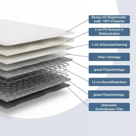 Homestyle4u Matratze Federkernmatratze 90x200 | 15 cm | h3 Komfortmatratze Stoff Weiß - Weiß