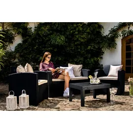 Konsimo Gartenmöbel-Set (2 1 1 Stück) "HORILES", Grau, Rattan, Modern, 2+1+1+st | 120x76x61,5cm/67,6x76x61,5cm/72x38x52cm - Grau