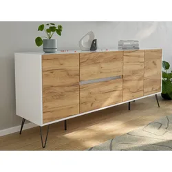 Raumwunder XL Sideboard Kommode Pharo 180cm 2 SoftClose 3 Türen Weiß/Eiche Front