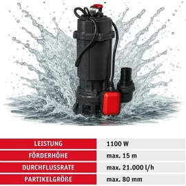 WALTER WERKZEUGE Tauchpumpe WZ8346 1100 W 15 m Förderhöhe 21.000 l/h inkl. 20 m Schlauch