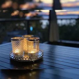 H&D Manufaktur Jinfa 3er Set Teelichtgläser auf Spiegelplatte in Gold