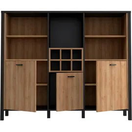 Forte HIGH Rock Bücherregal mit 3 Türen, Holzwerkstoff, schwarz/Riviera Eiche, B x H x T: 139,4 cm