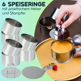 casativo Dessert- & Speiseringe (6er-Set) Ø 8 cm mit Heber & Stampfer – Profi-Anrichtringe aus rostfreiem Edelstahl für kreative Gerichte