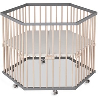 Sämann Laufstall Baby 6-eckig | Hexagon | stufenlos höhenverstellbar | Laufgitter Premium | Babybett aus Holz | Krabbelgitter Komplettset grau/natur