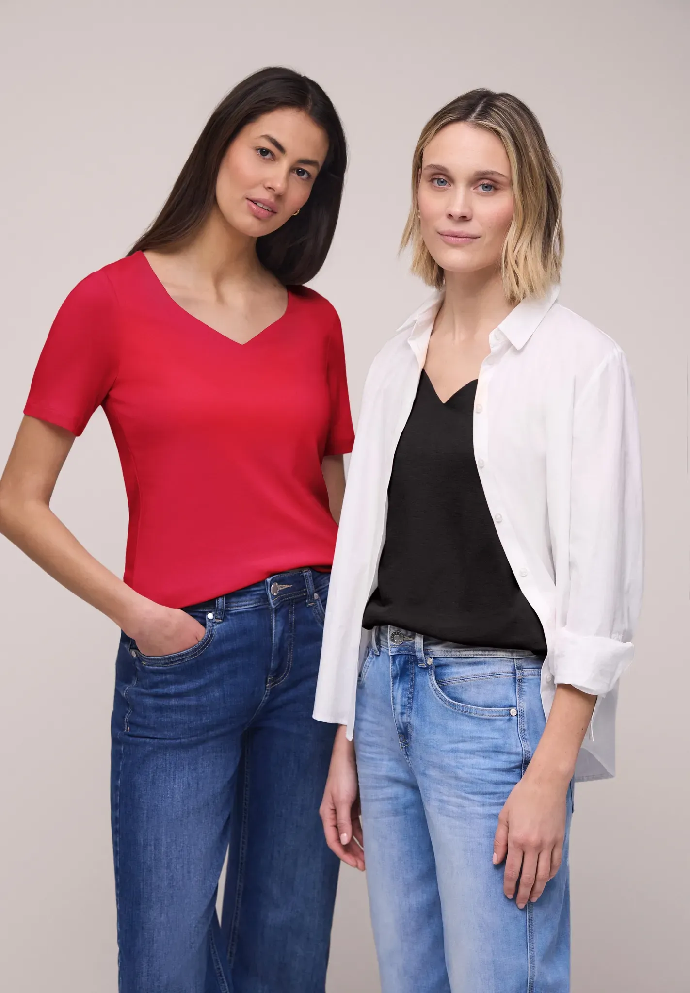 T-Shirt STREET ONE, Damen, Gr. 36, rot (schwarz, salsa rot), Web, 50% Baumwolle, 50% Modal, unifarben, normal normal, Rundhals, abgesteppt, Shirts T-Shirt, im soften Baumwoll-Mix