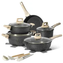 just perfecto Topf und Pfannenset Induktion mit deckel Schwarz ohne PTFE und PFOA 14 pcs - Kochtopfset Aluminium mit Antihaftbeschichtung - Töpfe Set - Schwarz