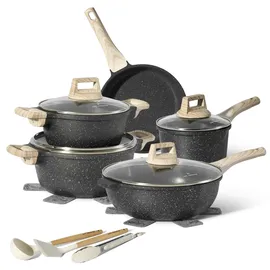 just perfecto Topf und Pfannenset Induktion mit deckel Schwarz ohne PTFE und PFOA 14 pcs - Kochtopfset Aluminium mit Antihaftbeschichtung - Töpfe Set - Schwarz