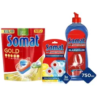 Somat Gold Spülmaschinen Tabs (49 Tabs), gegen Eingebranntes & Somat Maschinenreiniger Tabs Anti-Kalk (3 WL) & Somat Klarspüler, Extra-Glanz | 750 ml