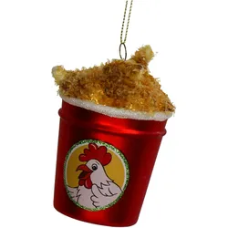Christbaumschmuck Glas 10cm Hähnchen im Eimer Figur Handbemalt mit Glitzer Weihnachtsbaum Anhänger Christbaumanhänger Weihnachtsbaumschmuck Essen Rot