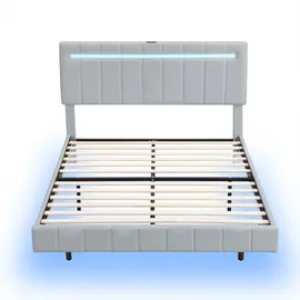 XDOVET Polsterbett mit LED-Leuchten und Kopfteildesign Doppelbett-Gästebett Hautfreundlichem Leinen 160 x 200 cm Grau - Grau