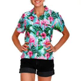 King Kameha Hawaii-Bluse Flamingo Flowers Türkis-Pink XL