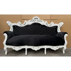 Casa Padrino Barock Sofa mit Glitzersteinen Schwarz / Weiß - Handgefertigtes Antik Stil Wohnzimmer Sofa - Antik Stil Wohnzimmer Möbel - Barock Wohnzimmer Möbel - Edel & Prunkvoll