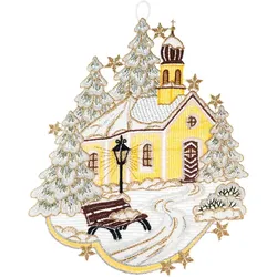 Fensterbild "Kapelle" Gr. 1, gelb (ecru, goldfarben, hellgelb), B:20cm H:24cm, Polyester, W. REUTER & SOHN - PLAUENER SPITZE, Fensterbilder, Made in Germany