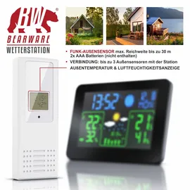 Bearware Funkwetterstation mit Farbdisplay & Außensensor Barometer, Wettervorhersage uvm.