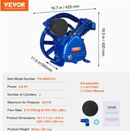 Vevor Luftkompressor-Pumpenkopf 5,5 PS 5,75 CFM bei 90 PSI