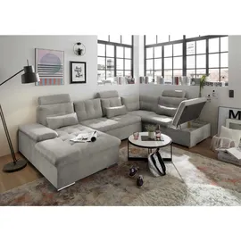 ed exciting design Wohnlandschaft Taupe & Mikrofaser - mit Bettfunktion, Bettkasten, Kopfstützen, Nierenkissen