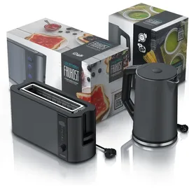 Arendo Frühstücks-Set, 1,5L Edelstahl Wasserkocher & 2-Scheiben Langschlitz Toaster, Grau