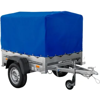UNITRAILER PKW Anhänger 150 Kipp, 150x106 cm, mit Blauer Hochplane, Hochspriegel und Stützrad - Anhänger Aufbau, Auto Anhänger