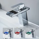 OUGOO Edelstahl LED Bad Wasserfall Wasserhahn angetrieben durch Wasser, RGB 3 Farbwechsel Waschbecken Mischer mit Temperatursensor, keine Batterie benötigt, Nickel Gebürstet Single Handle Wasserhahn