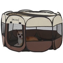 [en.casa] Hundelaufstall Telford 58 x 114 x 114 cm Pop Up Tierlaufstall für Innen- und Außenbereich Welpenlaufstall Hundehütte Braun/Cremefarben