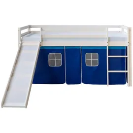 Homestyle4u Hochbett 90x200 mit Vorhang Lattenrost und Rutsche in Weiß Blau, Holz Kiefer Turm Tunnel Rutsc