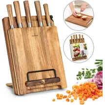 Klarstein Küchenmesser Set mit Messerblock Selbstschärfend, Messerset mit Akazienholz-Messerblock, 5 Scharfe Messer, Kratzfeste Edelstahl-Messer