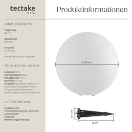 Tectake Kugelleuchte Kunststoff 30x30x30 cm inklusive Erdspieß weiß