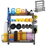 XMTECH Hantelständer Multifunktionaler Kurzhantelständer, Kettlebell Rack Kurzhantelständer Yoga Matte Regal, Zuhause und Fitnessstudio Lagerregal Sportgeräte standregal mit Rädern und Haken