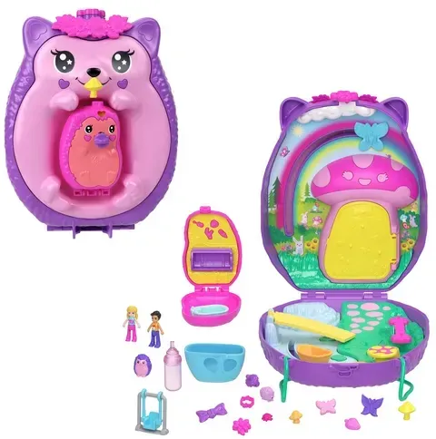 Polly Pocket Mama & Baby Igel Handtaschen-Spielset mit 2 Puppen & 16 Accessoires inklusive Haustieren