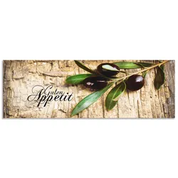 Küchenrückwand ARTLAND "Oliven Guten Appetit", braun, B:150cm H:50cm, Aluminium, Spritzschutzwände, Alu Spritzschutz mit Klebeband, einfache Montage