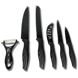 H-basics Messer-Set 6 teiliges Messerset – Kochmesser, Universalmesser, Brotmesser, Pizzamesser, Schälmesser, Antihaft Beschichtung, Marmor beschichtet schwarz