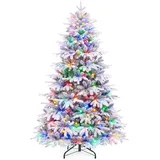 Yorbay Künstlicher Weihnachtsbaum mit Beleuchtung Weiß Schneeflocken LED Tannenbaum für Weihnachten-Dekoration, aus PE und PVC (150cm mit Bunt LED)