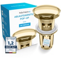 Bächlein Ablaufgarnitur mit Überlauf (Gold) - Pop Up Ventil für Waschbecken und Waschtisch – Ablaufventil Abflussgarnitur aus Messing mit Einbauanleitung