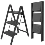 ROSEJANE Klappbar Leiter 3-stufige Trittleiter belastbar bis 270 kg,Schwarz