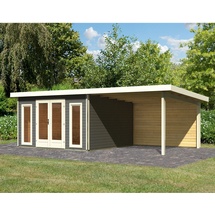 Karibu Gartenhaus Radeburg 3 inkl. 3,30m Schleppdach und Rückwand - 40mm-369 x 369 cm- terragrau mit Anbaudach 3,3 m (B x T)